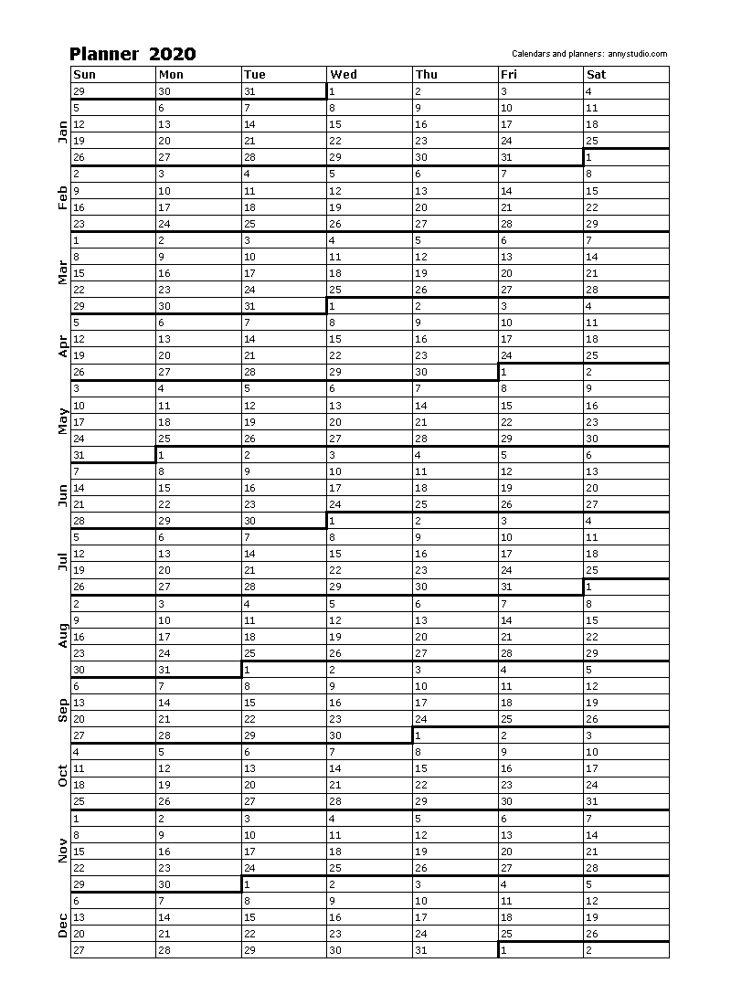 Printable Yearly Calendar, Year Calendar Planner, Calendar Free Printable Column Calendar