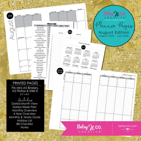 Printed Planner Pages August 2015-July 2016 Monthly By Printable Calendar For 3 Ring Notebook