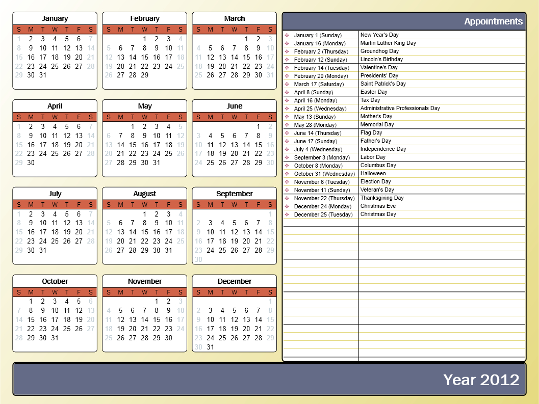 Printing A Yearly Calendar With Holidays And Birthdays How To Print A Monthly Calendar Powerpoint