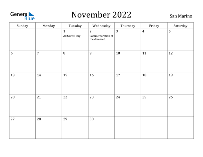San Marino November 2022 Calendar With Holidays November And December 2022