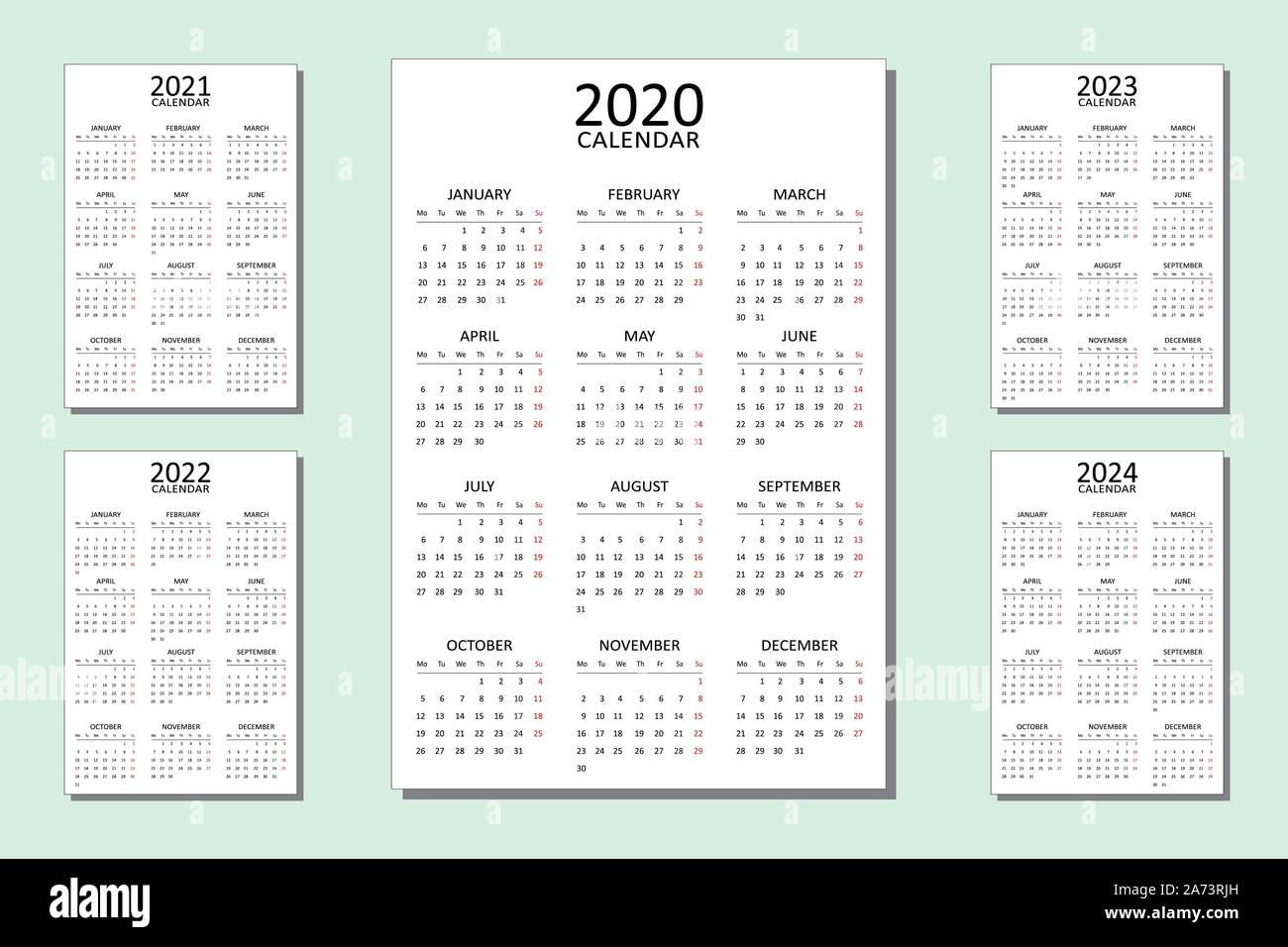 Set Of Calendar For 5 Year. Vector Design Print Template 5 Year Planner Calendar