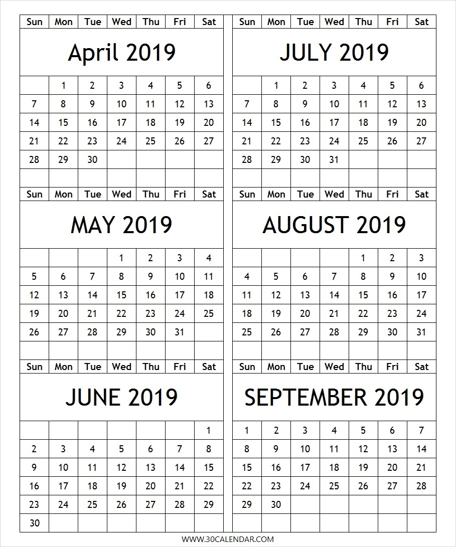 Six Month April September 2019 Calendar | Qualads Printable 6 Month Calendar Free