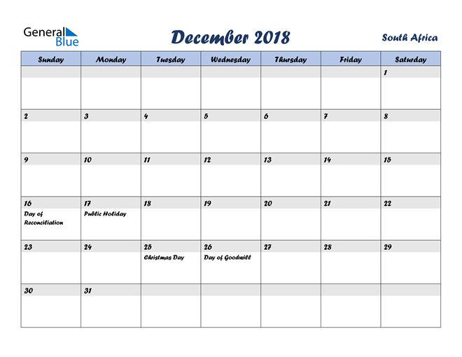 South Africa December 2018 Calendar With Holidays December Calendar South Africa