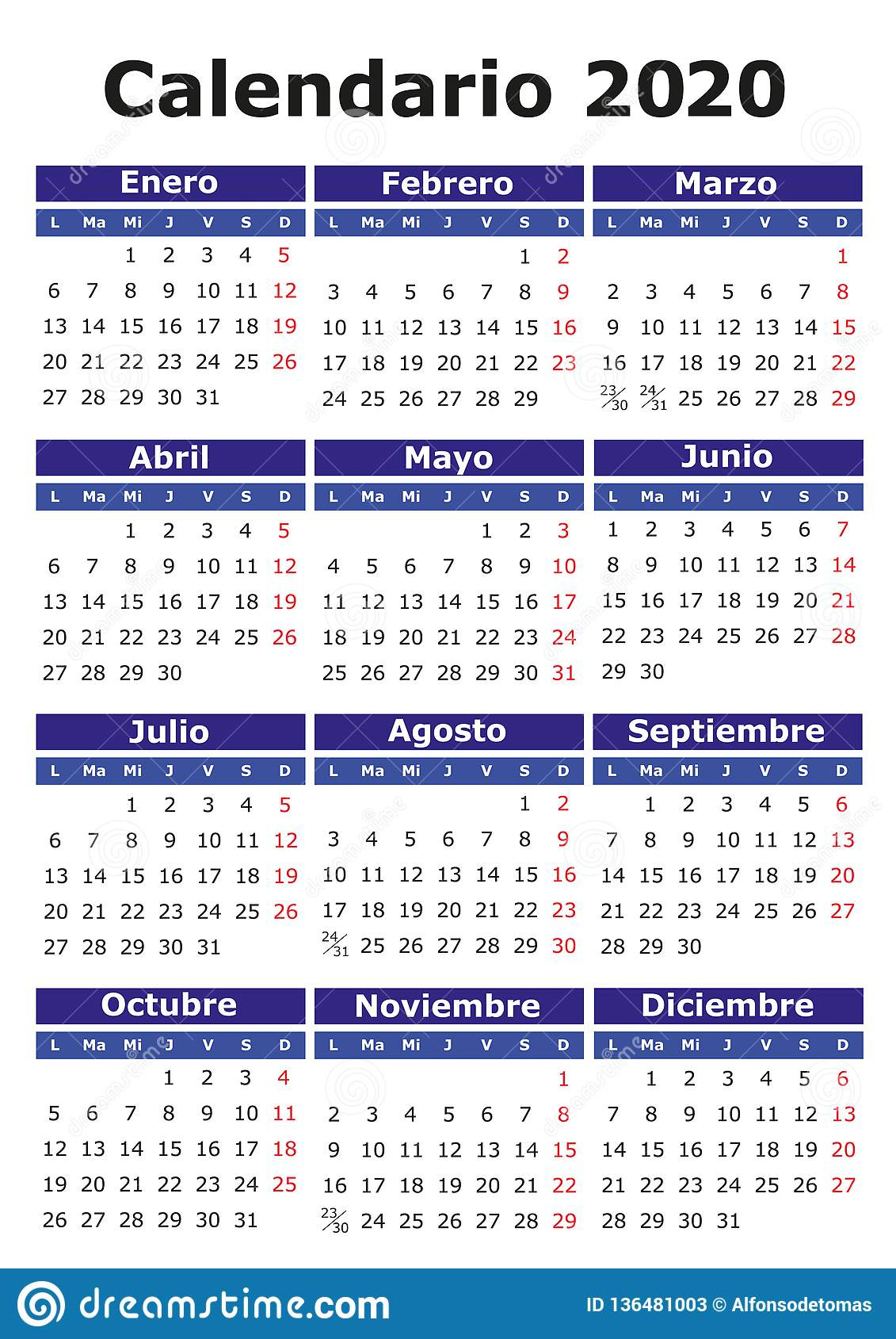 Spanish Calendar 2020 Stock Vector. Illustration Of Spanish Calender December 2022