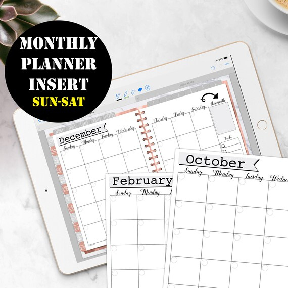 Sunday-Saturday Monthly Calendar Monthly Digital Planner Sunday To Saturday Calendar