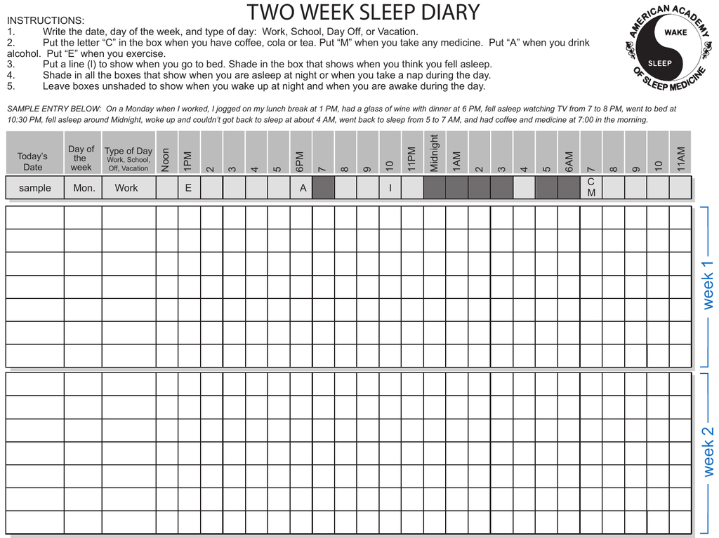 Two Week Sleep Diary Two Week Calendar Pdf