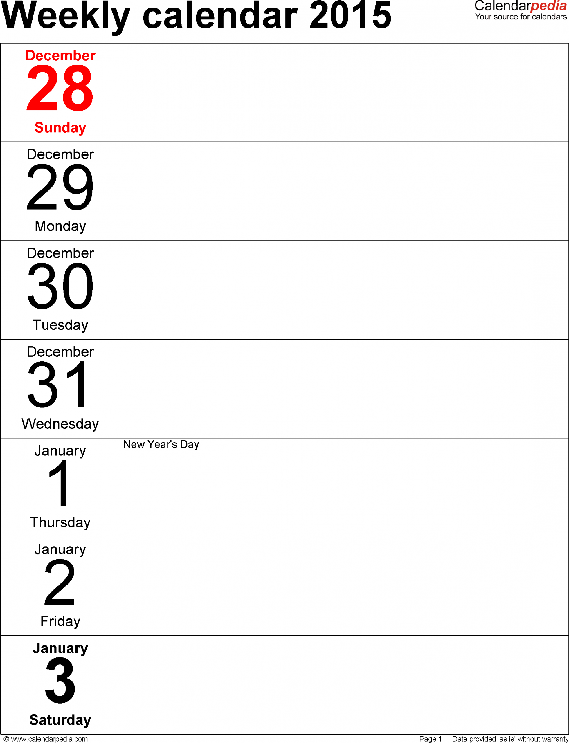 Weekly Calendar 2015: Template For Excel Version 3 3 Week Calendar Printable