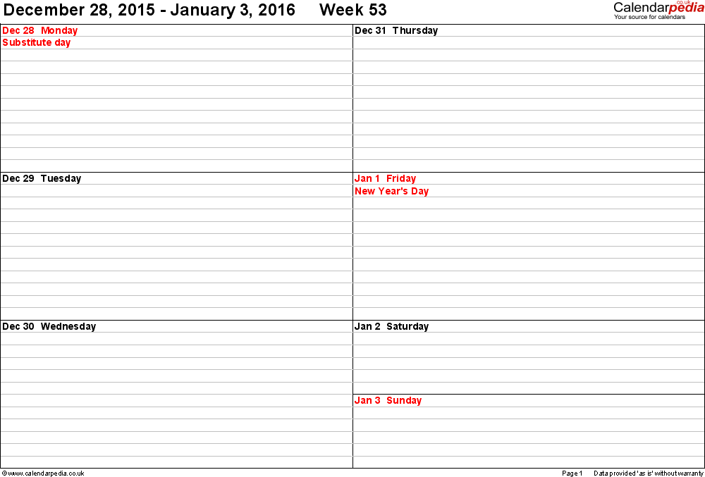 Weekly Calendar 2016 Uk - Free Printable Templates For Pdf Free Printable Column Calendar