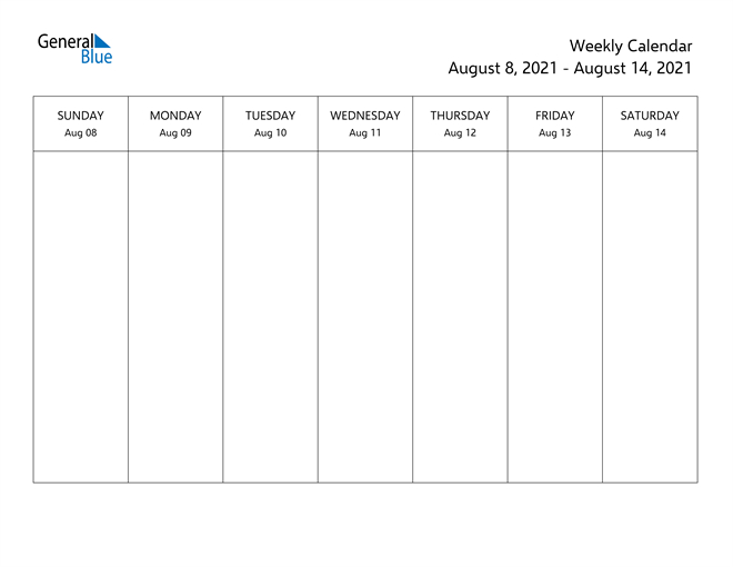 Weekly Calendar - August 8, 2021 To August 14, 2021 - (Pdf 4 Weekly Calender Print